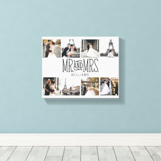 Mr. & Mrs Eight Photo Hand Lettered Monogram Canvas Afdruk (Insitu (Houten vloer))