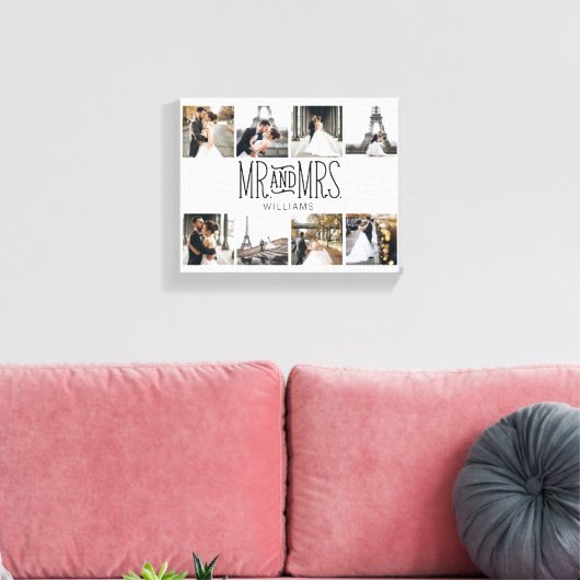 Mr. & Mrs Eight Photo Hand Lettered Monogram Canvas Afdruk (Insitu (Woonkamer))