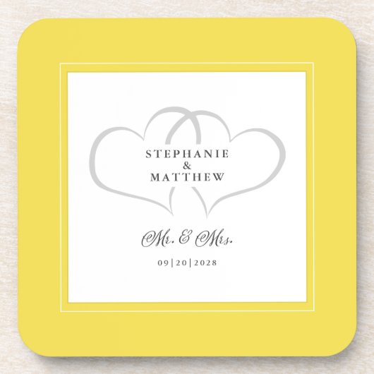 Mr & Mrs Elegant Wedding Chic Hearts Yellow Custom Bier Onderzetter (Voorkant)