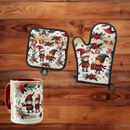 Mr & Mrs Elf Christmas Poinsettia Groene Botanical Ovenwant & Pannenlap Set