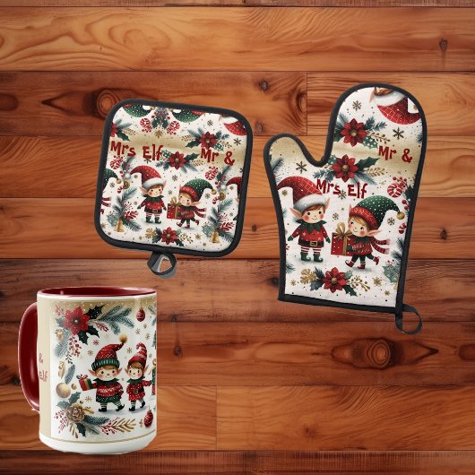 Mr & Mrs Elf Christmas Poinsettia Groene Botanical Ovenwant & Pannenlap Set