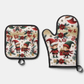 Mr & Mrs Elf Christmas Poinsettia Groene Botanical Ovenwant & Pannenlap Set (Voorkant)
