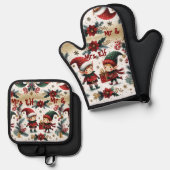 Mr & Mrs Elf Christmas Poinsettia Groene Botanical Ovenwant & Pannenlap Set (Voorkant / Achterkant)