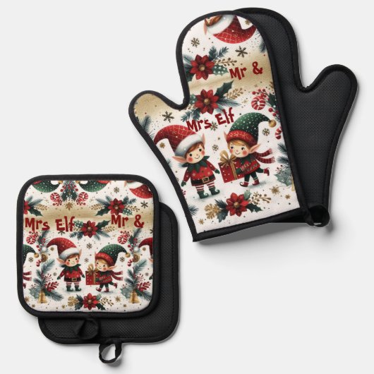 Mr & Mrs Elf Christmas Poinsettia Groene Botanical Ovenwant & Pannenlap Set (Voorkant / Achterkant)