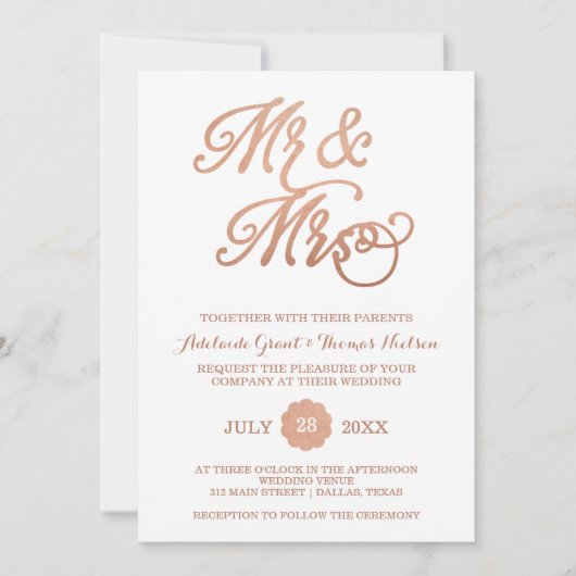 Mr & Mrs Faux Copper Uitnodiging voor de bruiloft (Voorkant)