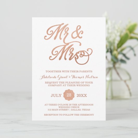 Mr & Mrs Faux Copper Uitnodiging voor de bruiloft (Staand voorkant)