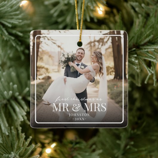 Mr & Mrs First Chirstmas Boarder Custom Photo  Keramisch Ornament (Boom)