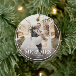Mr & Mrs First Chirstmas Boarder Custom Photo  Keramisch Ornament