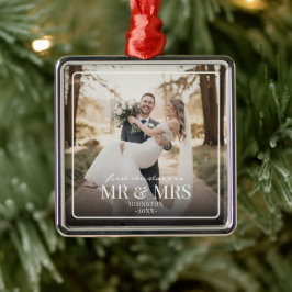 Mr & Mrs First Chirstmas Boarder Custom Photo  Metalen Ornament
