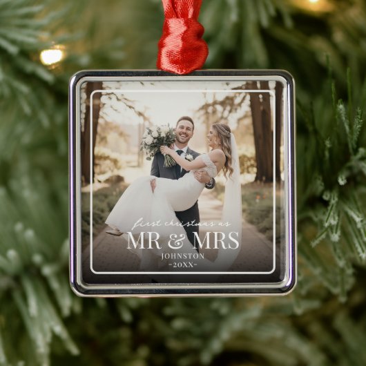 Mr & Mrs First Chirstmas Boarder Custom Photo Metalen Ornament (Boom)