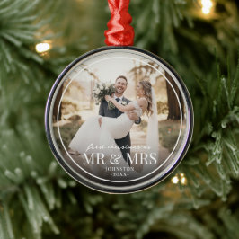 Mr & Mrs First Chirstmas Boarder Custom Photo  Metalen Ornament