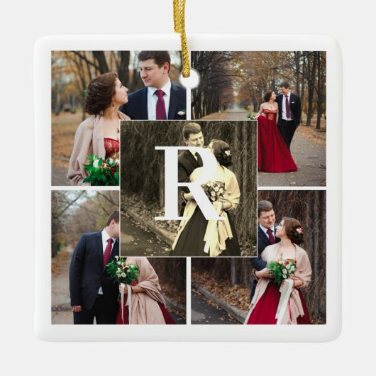 Mr. Mrs. First Christmas Monogram And 5 Photo Keramisch Ornament (Voorkant)