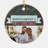 Mr & Mrs First Kerstmis Mistletoes Foto Wedding Keramisch Ornament (Voorkant)