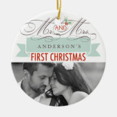 Mr & Mrs First Kerstmis Mistletoes Foto Wedding Keramisch Ornament (Voorkant)