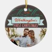 Mr & Mrs First Kerstmis Mistletoes Foto Wedding Keramisch Ornament (Voorkant)