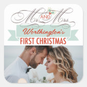 Mr & Mrs First Kerstmis Mistletoes Foto Wedding Vierkante Sticker (Voorkant)