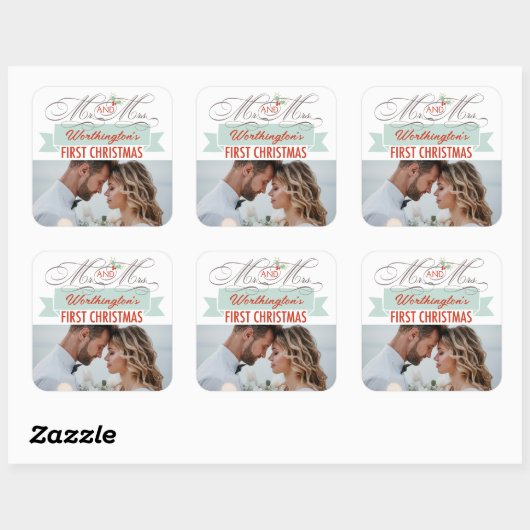 Mr & Mrs First Kerstmis Mistletoes Foto Wedding Vierkante Sticker (Vel)