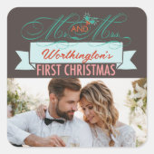 Mr & Mrs First Kerstmis Mistletoes Foto Wedding Vierkante Sticker (Voorkant)