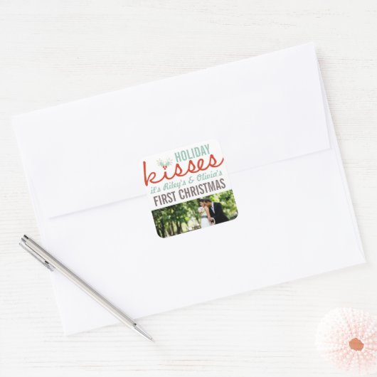 Mr & Mrs First Kerstmis Mistletoes Foto Wedding Vierkante Sticker (Envelop)