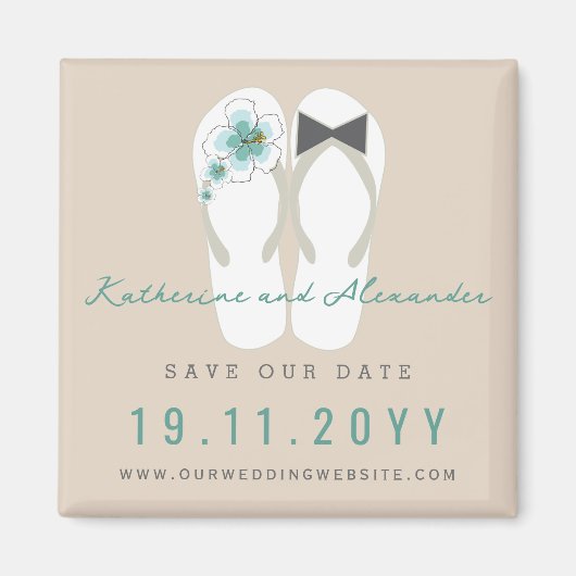 Mr & Mrs Flip Flops Hibiscus Trouw Save The Date Magneet (Voorkant)