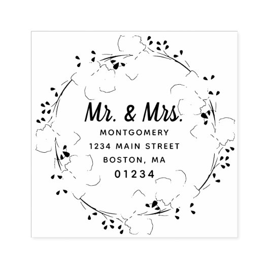 Mr & Mrs Floral Modern Script Retouradres Rubberstempel (Afrduk)