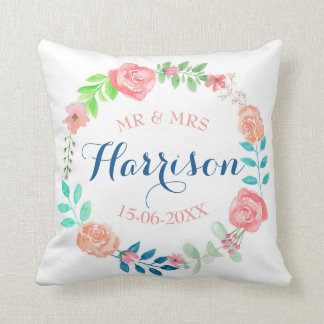 Mr & Mrs Floral Wedding Cushion Waterverf Gift Kussen