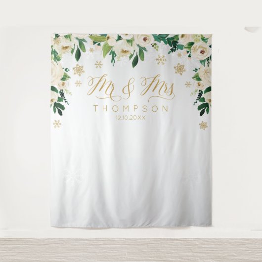Mr & Mrs floral winter snowflakes wedding banner Wandkleed (Voorkant)