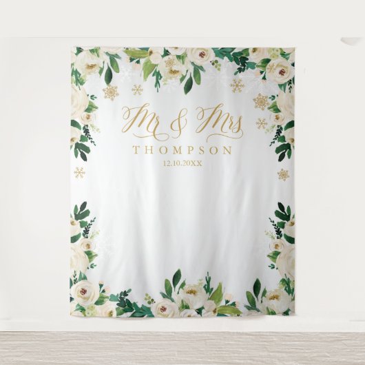 Mr & Mrs floral winter wedding banner backdrop Wandkleed (Voorkant)