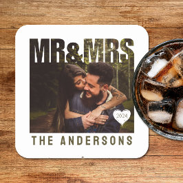 Mr & Mrs Foto Blok Hart Jubileum Naam Kartonnen Onderzetters
