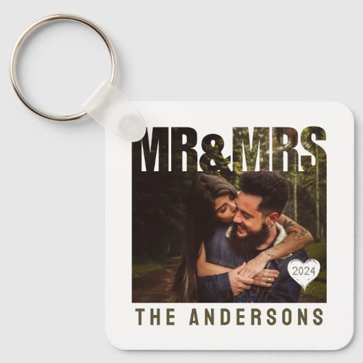 Mr & Mrs Foto Blok Hart Jubileum Naam Sleutelhanger (Voorkant)