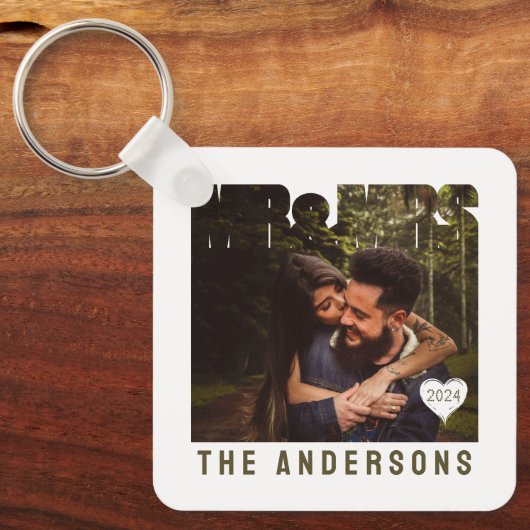 Mr & Mrs Foto Blok Hart Jubileum Naam Sleutelhanger (Voorkant)