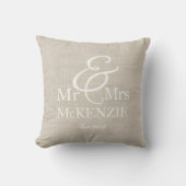 "Mr & Mrs." gepersonaliseerd met faux burlap backg Kussen (Voorkant)