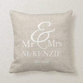 "Mr & Mrs." gepersonaliseerd met faux burlap backg Kussen
