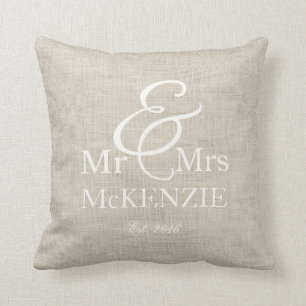 "Mr & Mrs" gepersonaliseerd met namaak burlap acht Kussen