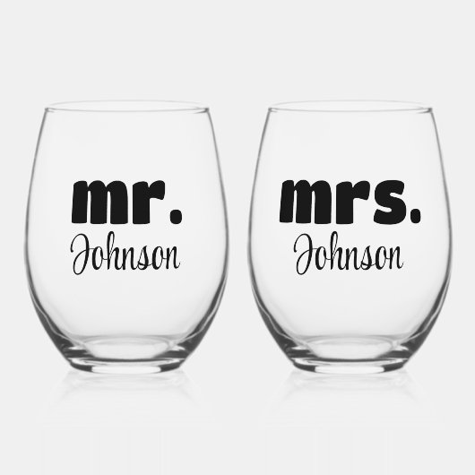 Mr & Mrs Gepersonaliseerde bruiloft Chic Script Wijnglas Zonder Voet (Voorkant)