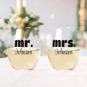 Mr & Mrs Gepersonaliseerde bruiloft Chic Script Wijnglas Zonder Voet