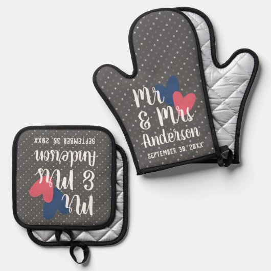 Mr & Mrs Gepersonaliseerde Oven Mitt & Pot Houder  Ovenwant & Pannenlap Set (Voorkant / Achterkant)