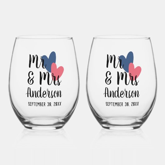 Mr & Mrs Gepersonaliseerde Stemless Wijnglas Set Wijnglas Zonder Voet (Voorkant)