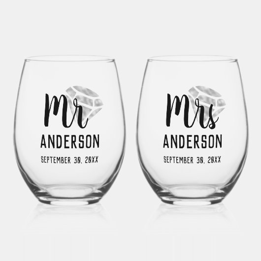 Mr & Mrs Gepersonaliseerde Stemless Wijnglas Set Wijnglas Zonder Voet (Voorkant)