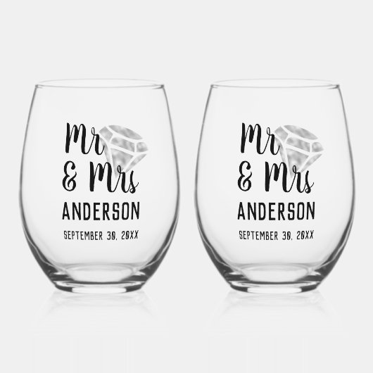 Mr & Mrs Gepersonaliseerde Stemless Wijnglas Set Zonder Voet (Voorkant)