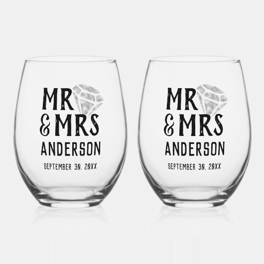 Mr & Mrs Gepersonaliseerde Stemless Wijnglas Set Zonder Voet (Voorkant)