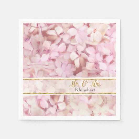 Mr & Mrs Gold Faux Glitter Roze Hortensia Bloemen Servet (Voorkant)