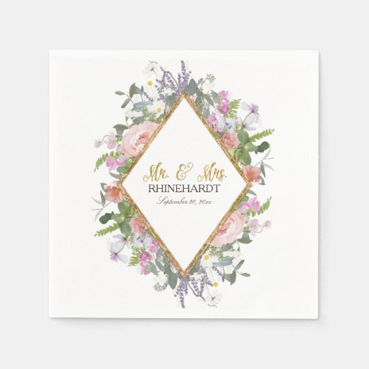 Mr & Mrs Gold Faux Glitter Wildflower Floral Art Servetten (Voorkant)