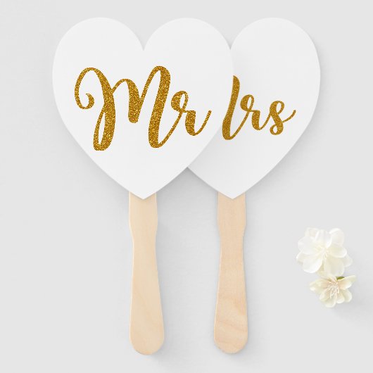 Mr & Mrs Gold Glitter Typografie Handwaaier (Voorkant en achterkant)