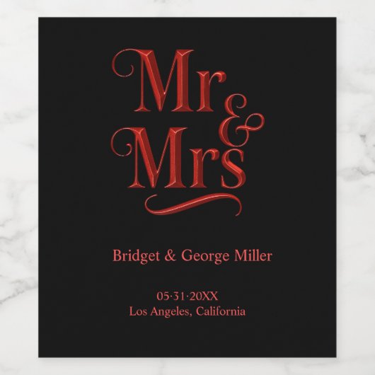 Mr & Mrs Gothic Wedding – Red Metallic Wijn Etiket (Enkel label)