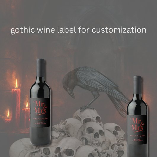 Mr & Mrs Gothic Wedding – Red Metallic Wijn Etiket