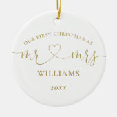 Mr Mrs Goud Hart Script Onze Eerste Kerstmis Keramisch Ornament (Voorkant)