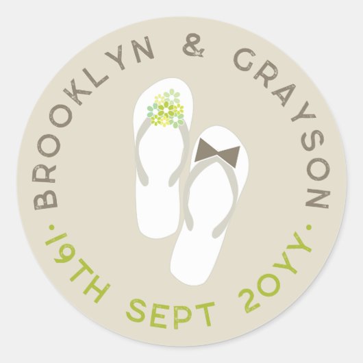 Mr & Mrs Green Flowers Teenslippers Strand Bruilof Ronde Sticker (Voorkant)