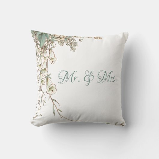 Mr. & Mrs Greenery Floral Script Elegant Wedding Kussen (Voorkant)