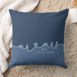 Mr Mrs Hart Script Stof Blauw Trouwkussen Kussen